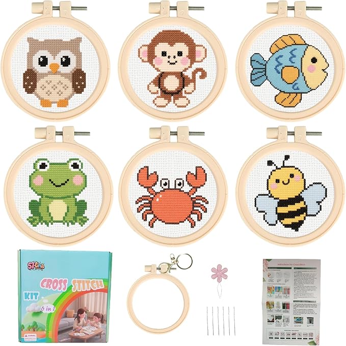 57lilina Cross Stitch Kits for Kids - 6 Set Easy Beginners Embroidery Kit for Kids, DIY Cute Pre Printed Stamped Crossstitch Needlepoint Patterns Craft for Backpack Charms, Keychains & Girls Gifts