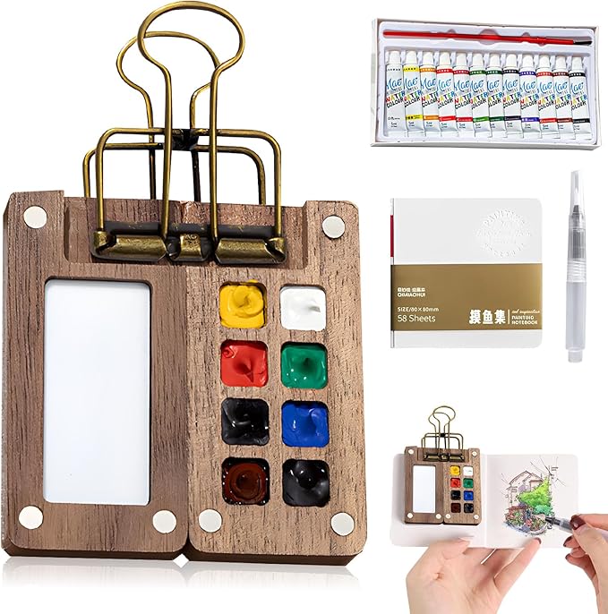 Mini Watercolor Paint Kit, New Portable Watercolor Paint Travel Set, 12 Color Pocket Artist Watercolour Travel Sets, Wooden Grid Paint Box for Painters Artists Students (8 Grids)