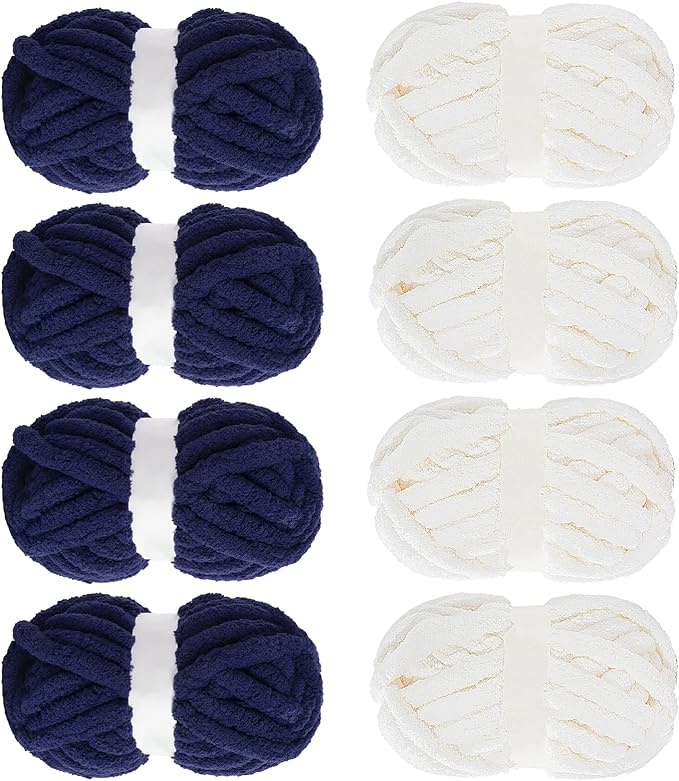 MABOZOO Assorted Chunky Yarn for Crocheting 8 Pack,Fluffy Jumbo Chenille Yarn,Soft Plush Yarn Bulky,Giant Thick Fuzzy Yarn for Hand or Arm Knitting,Cream & Navy Blue(31.7 yds,8 oz Each Skein)