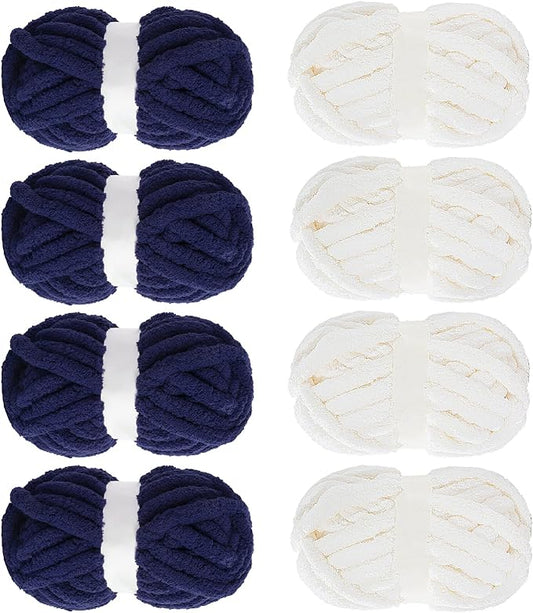 MABOZOO Assorted Chunky Yarn for Crocheting 8 Pack,Fluffy Jumbo Chenille Yarn,Soft Plush Yarn Bulky,Giant Thick Fuzzy Yarn for Hand or Arm Knitting,Cream & Navy Blue(31.7 yds,8 oz Each Skein)
