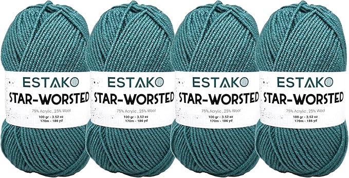 Estako Star-Worsted Yarn - (4 Skeins Pack) - 75% Acrylic 25% Wool - Soft Medium Weight #4 - (4 x 3.52 oz / 4 x 186 yds) - Crochet & Knitting Yarn (44066 - Aqua Green)