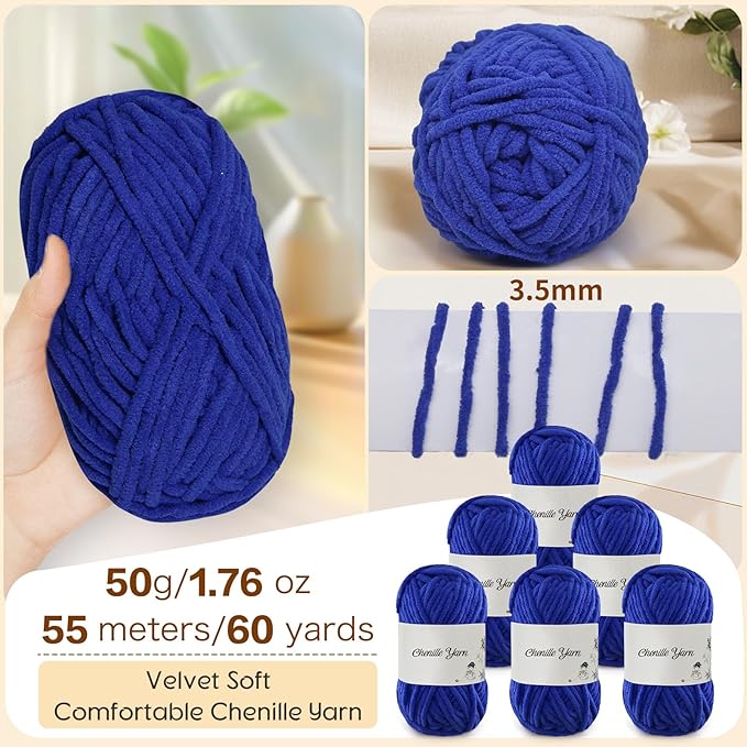 SIMEIQI 6 Pack of 1.76oz Chenille Yarn for Crocheting,60yards Soft Fluffy Velvet Yarn, Ideal Crochet for DIY Baby Blankets Toys Scarves Throw Pillows Hats Cushions(Sapphire Blue)