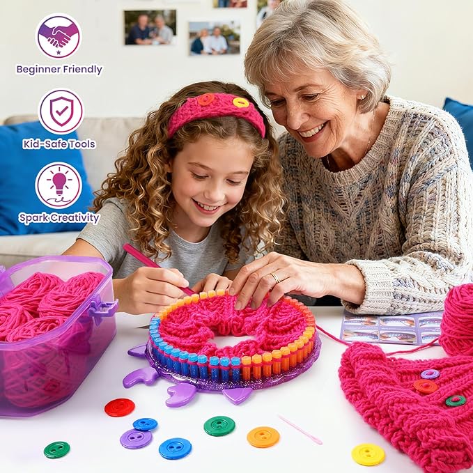 loom knitting kit for beginners - diy hat & scarf craft toy with buttons - fun crochet toy for kids ages 7 8-12 - perfect birthday and christmas gift for girls