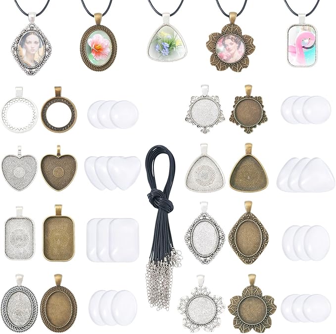 Bestewelry Pendant Trays Kit Vintage Alloy Bezel Pendant Trays Charms Set with Glass Cabochon and Adjustable Necklace Cords for DIY Crafts Jewelry Making Resin Art Party Favor