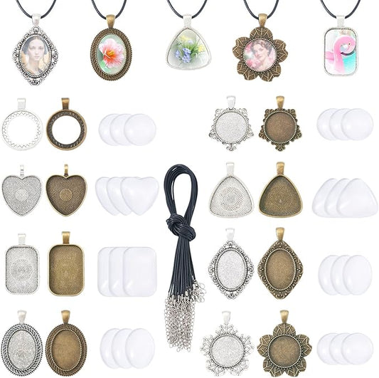 Bestewelry Pendant Trays Kit Vintage Alloy Bezel Pendant Trays Charms Set with Glass Cabochon and Adjustable Necklace Cords for DIY Crafts Jewelry Making Resin Art Party Favor