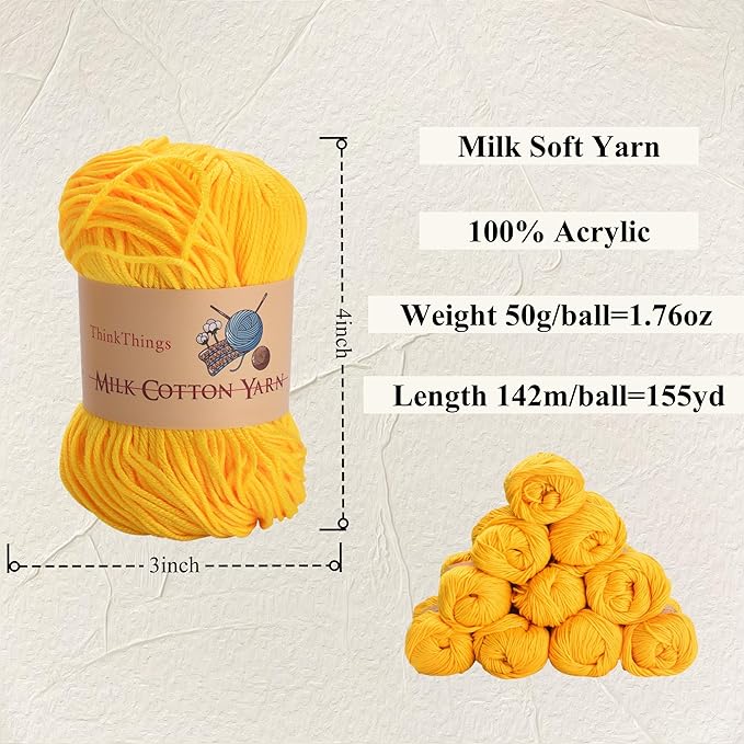 Acrylic Cotton Yarn for Knitting Crochet - Yellow Hand Knitting Yarn - Weaving Yarn Bright Yellow- Crochet Thread Yarn for Crocheting Bulk - 10Balls 17.6Ounces
