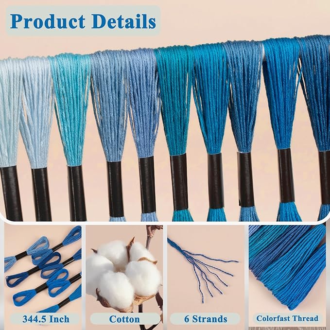 Friendship Bracelet String, 12 Skeins Blue Series Cross Stitch Thread, 344.5 Inch Cotton Embroidery Floss, Hand Embroidery Thread for DIY Sewing and Embroidery Crafts Making