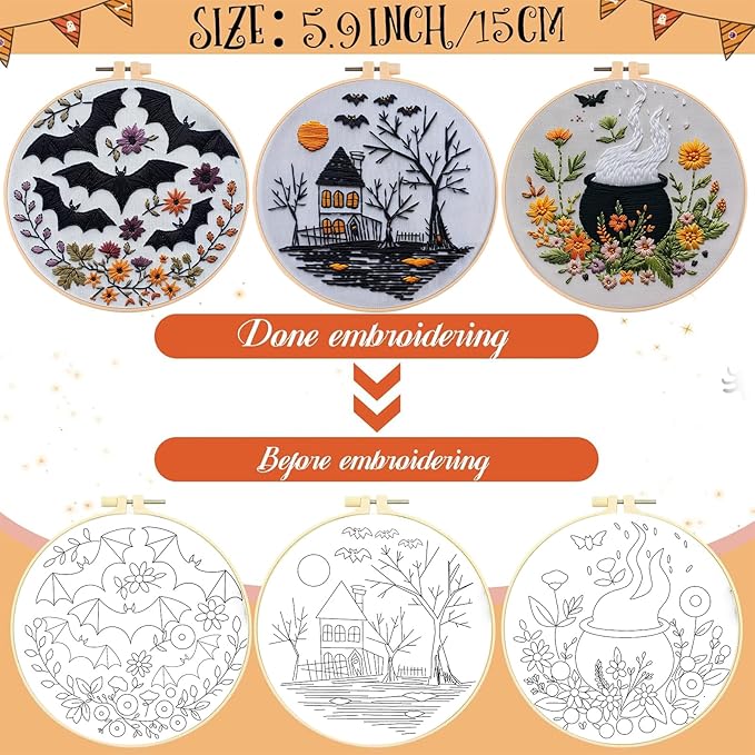 QBQBQ Halloween Embroidery Kit, Halloween Cross Stitch Kit, 4 Set Gothic Embroidery Starter Kit for Beginners, Unisex, 6 Inch, Cross Stitch, Needlepoint, DIY, Craft Kit (4 Set)