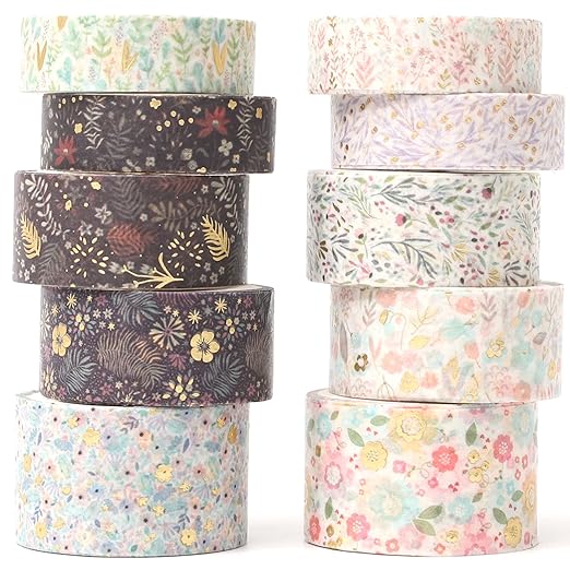 yubx creative washi tape set 10 rolls gold foil print decorative masking tapes for arts, diy crafts, journals, planners, scrapbook, wrapping (garden maze)