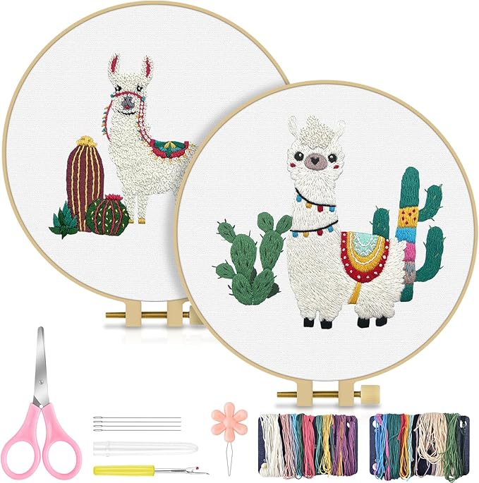 TINDTOP 2 Pack Embroidery Kit for Adult Beginners, Embroidery DIY Starter Kit, with Alpaca Stamped Patterns, Hoop, Tools, Colorful Threads with Needles, Instructions