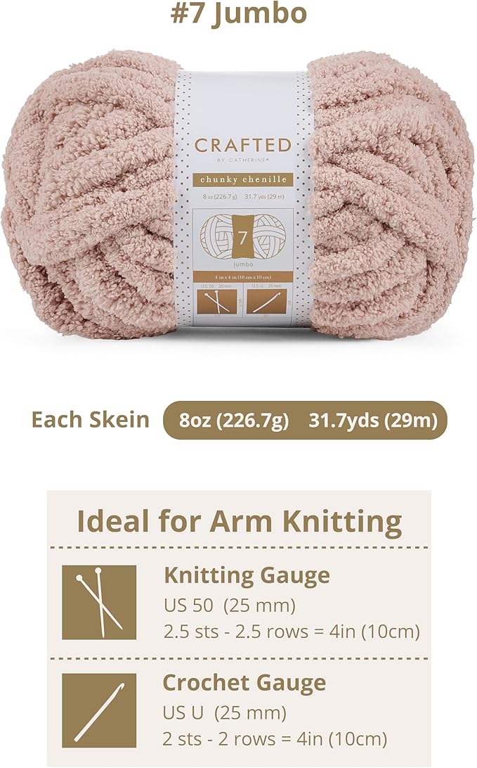 Crafted By Catherine Chunky Chenille Yarn - 8 Pack (8 oz / 227 g, 31.7 Yards Each Skein), Beige, Gauge 7 Jumbo