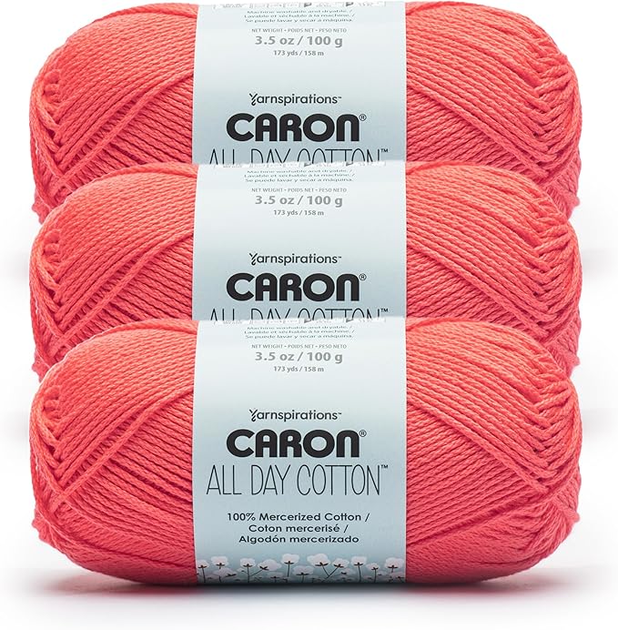 Caron All Day Cotton - 3 Pack of 173 Yards/3.52 oz, Watermelon,100% Mercerized Cotton Yarn