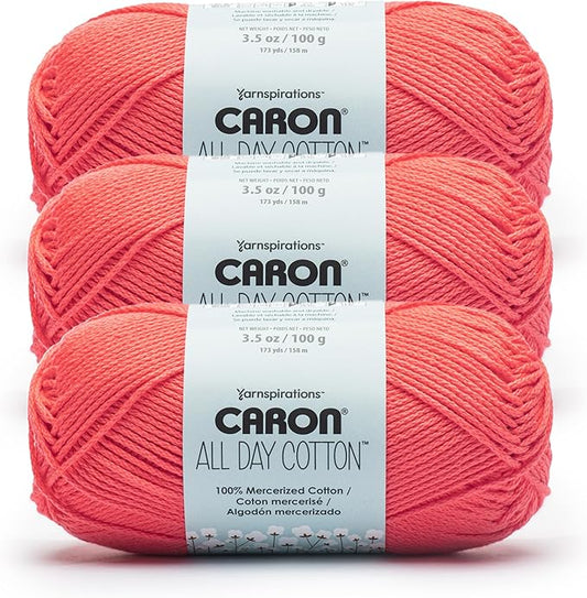 Caron All Day Cotton - 3 Pack of 173 Yards/3.52 oz, Watermelon,100% Mercerized Cotton Yarn