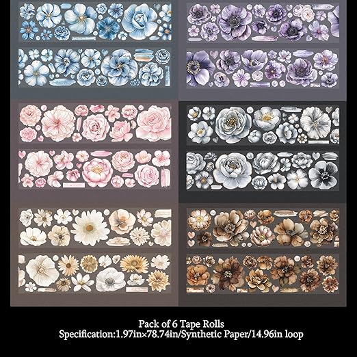 Flower Washi Tape Stickers for Journaling Supplies, 6 Rolls of Vintage Floral Scrapbook Stickers for Scrapbooking, Junk Journal Supplies, DIY Crafts, Planner(Night)