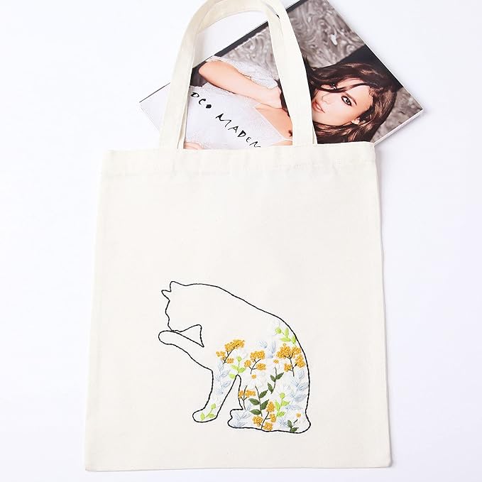 beginner canvas tote bag embroidery kit,white kitten pattern,cross stitch kits, including stamped embroidery bag with 1 embroidery hoops,needle, instructionmanual and color threads