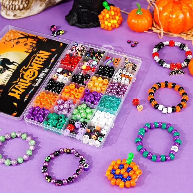 Dowsabel Bracelet Making Kit, Halloweens Beads for Bracelets Making Pony Beads Polymer Clay Beads Smile Face Beads Letter Beads for Jewelry Making, DIY Arts and Crafts Gifts
