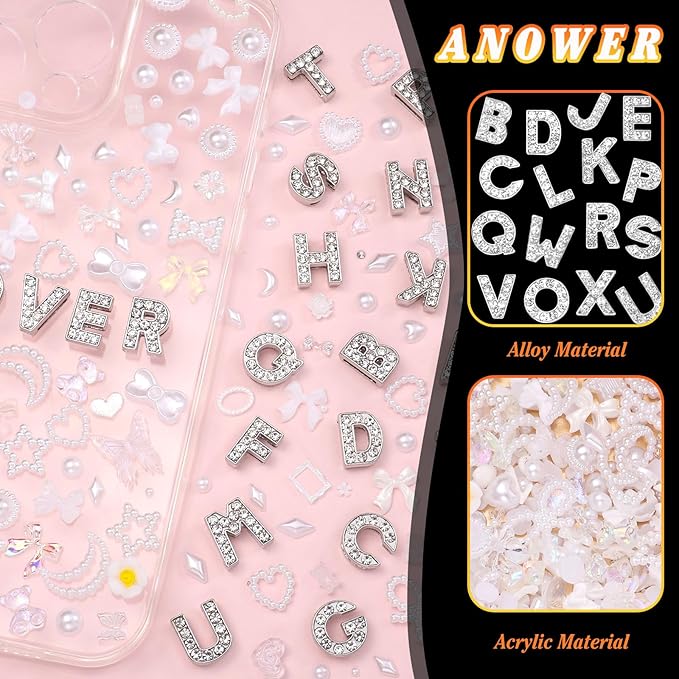 330 Pcs Junk Phone Case Charms 26 Pcs A-Z Rhinestone Alphabet Letter Charm, Mix White Flower Bow Heart Pearls Flatback Resin Charms Letter Junk Cases Kit for DIY Crafts