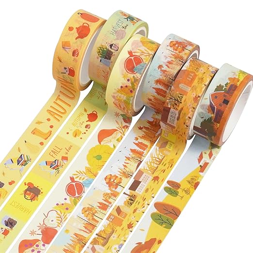 YUBX Autumn Washi Tape Set 18 Rolls Fall Printed Embellishment Yellow Decorative Masking Tapes for Arts, DIY Crafts, Journals, Planners, Scrapbook, Wrapping