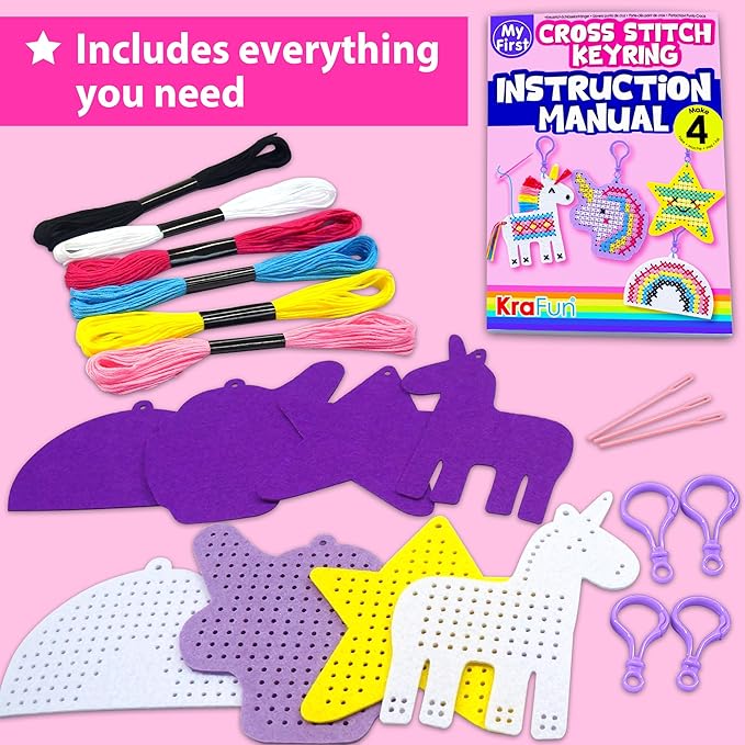 KRAFUN Cross Stitch Kits for Kids Beginners, 4 Unicorn Cross Stitching Keyrings Arts & Crafts, Needlepoint Embroidery Kit for Girls 5-13 Craft Kit Backpack Charms, Ornaments