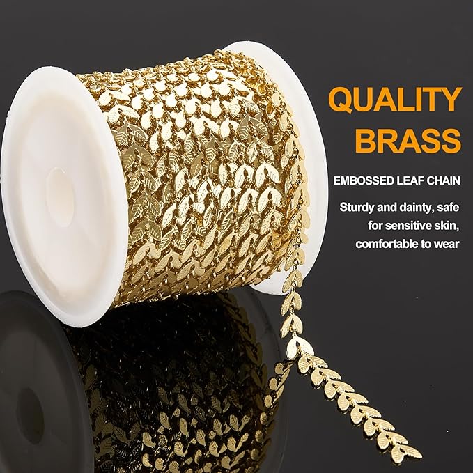 KYUNHOO 16.4/5M Gold Plated Chains for Jewelry Making Embossed Leaf Chain Roll Light Gold Jewelry Making Chains with Lobster Clasps and Jump Rings for Crafting