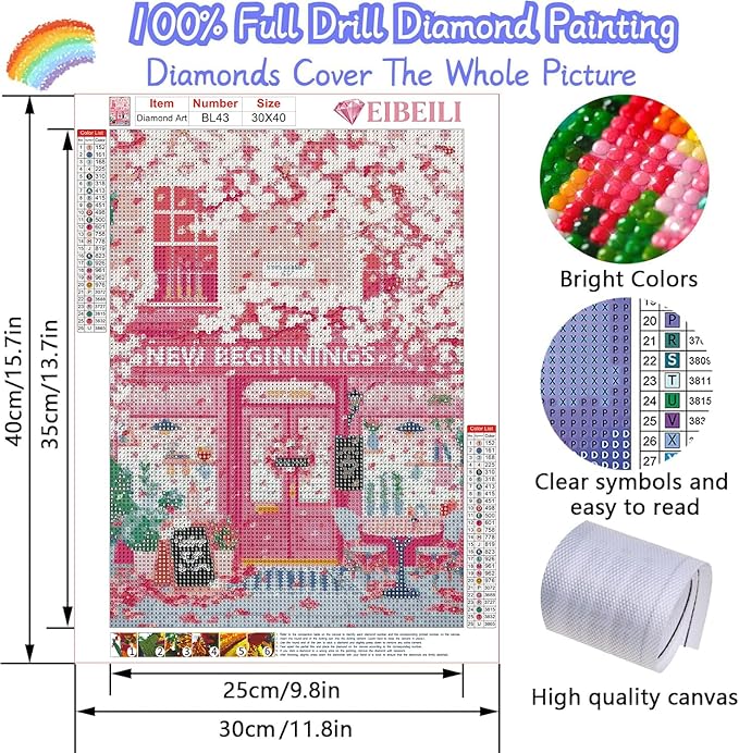 EIBEILI Diamond Art Kits for Adults, Pink Sakura Diamond Painting Kits for Beginner Round 5D Full Drill Diamond Dots Crafts for Home Wall Decor Gifts 12x16 Inch