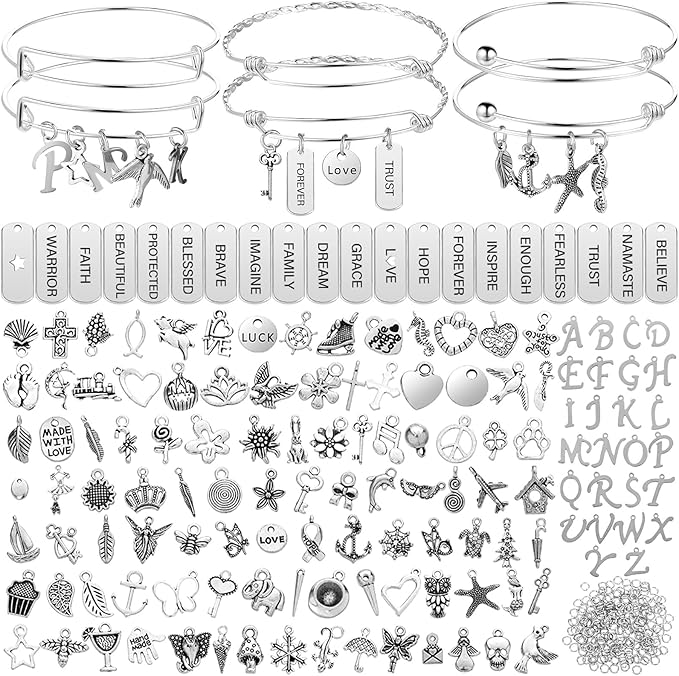 363 Pcs Charm Bracelet Making Kit Bangle Bracelets DIY Kit, 17 Silver Expandable Wire Bangles, 146 Charms Pendants, 200 Open Jump Rings for Christmas Women Jewelry Making