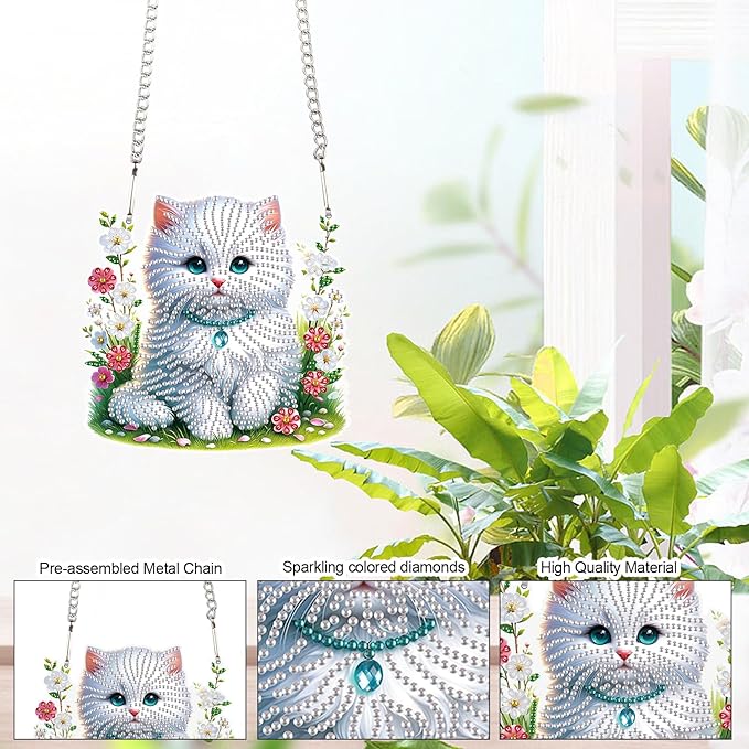 White Cat Diamond Painting Hanging Kit, 5D DIY Acrylic Diamond Art Pendant with Special Shaped Rhinestones, Stained Glass Style Wall, Door or Window Decoration, Handmade Craft Gift for Adults