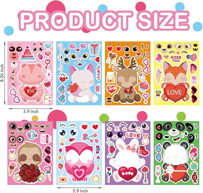 32 sheets valentine stickers for kids, valentine's day make a face stickers, make your own stickers 8 designs of animal owl rabbit bear stickers for boys girls