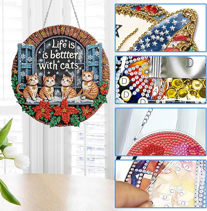 Reofrey Hanging Diamond Art Kits for Adults - 8x8 Inch Christmas Cat Acrylic Board Double Sided Pattern Diamond Art Suncatcher Pendant, DIY Crystal Art for Home Wall or Window Decoration Handmade Gift