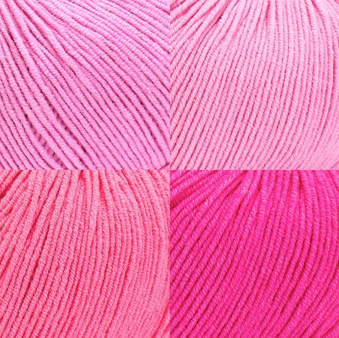 Cotton Yarn Kit - 4 Multicolor Balls Soft Sport Weight Yarn for Crochet & Amigurumi - 50g / 175yds Each & 10 Stitch Markers (H24 - Pink)