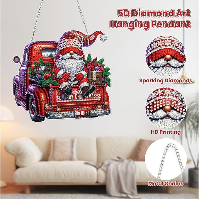 MOGTAA Christmas Diamond Art Hanging Kits for Adults Kids, Christmas Truck Diamond Art Suncatchers, 5D Special Shape Gnome Diamond Painting Window Pendant Kit for Home Garden Wall Decor