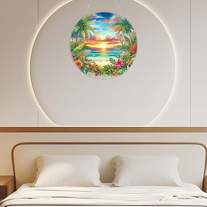 JJFox Diamond Art Hanging Kit for Adult,Special Shaped Rhinestone,Double Sided DIY Acrylic 5D Diamond Art Painting Window Pendants Home Garden Wall Hanging Kits Hanging Ornament (Summer Beach)