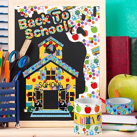 Whaline 12 Rolls Back to School Washi Tape First Day of School Colorful Washi Masking Tape Apples Book School Bus Decorative Paper Adhesive Stickers for Scrapbook Gift Wrapping DIY Art Crafts, 16.4Ft