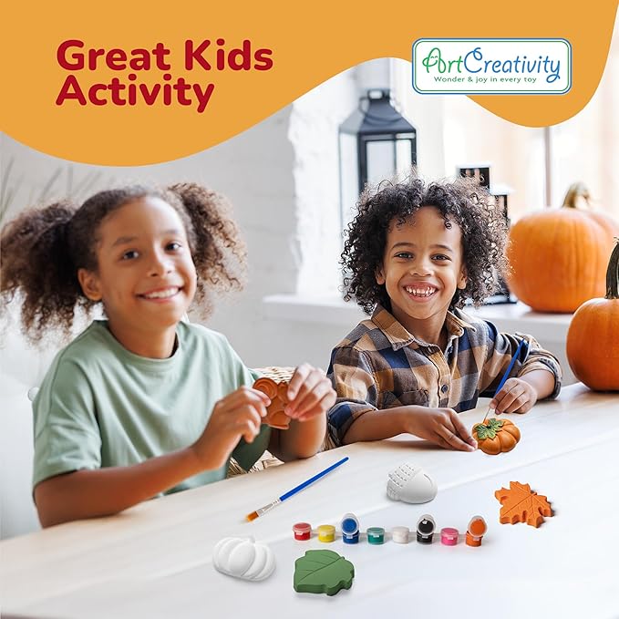 ArtCreativity Thanksgiving Ceramic Painting Craft - 7 Pack - Kids Fall Crafts Includes 7 Ceramic Figures, 8 Paint Set, 2 Brushes, 7 Adhesive Magnet - DIY Thanksgiving Paint Activity for Toddlers 3-8