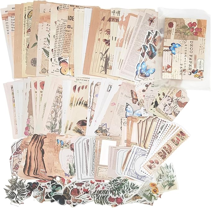Esweny 200PCS Vintage Scrapbooking Supplies Kit for Journaling, Scrapbook Sticker Paper Pack for Junk Journal Planners Aesthetic Cottagecore Room Decor Wall Art Collage Album (Nature)