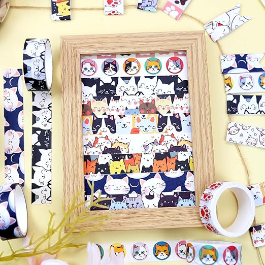 Cute Washi Tape Set, 12 Rolls Kawaii Cat Decorative Tape Cartoon Cat’s Paw Masking Tape for Journaling Supplies, Junk Journal, Scrapbooking, DIY Arts & Crafts, Planners, Gift Wrapping