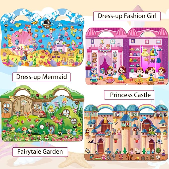 kalysky dress up sticker books for girls ages 2-4 4-8, reusable puffy 3d sticker books for toddlers 2-4 years, include princess mermaid fairy and fashion girl,activity book for toddlers 1-3