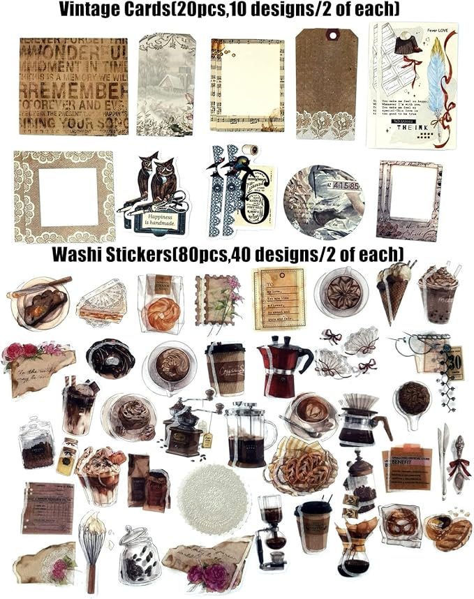 Esweny 260PCS Vintage Journaling Scrapbooking Supplies Scrapbook Sticker Paper Ephemera Pack for Junk Journal Planners Collage Craft Notebooks Album (Coffee and Bread)