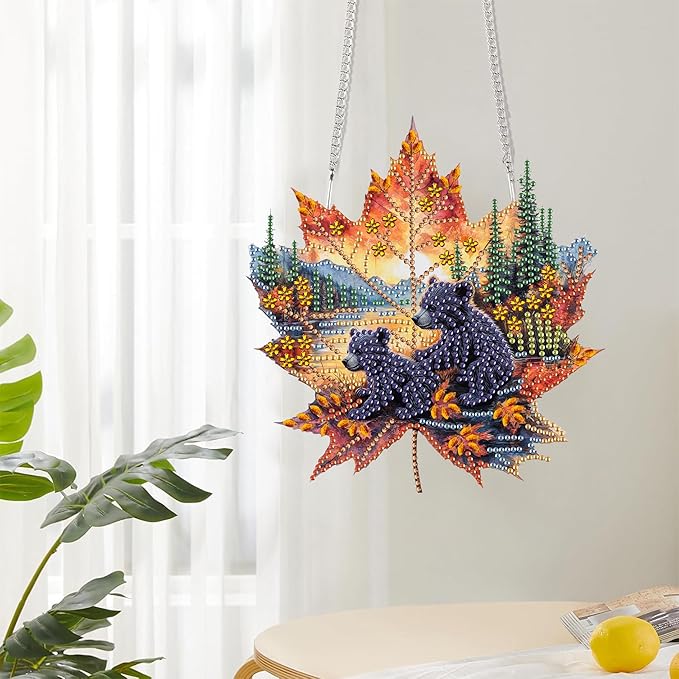 Reofrey Hanging Diamond Art Kits for Adults - 8x8 Inch Bear Acrylic Board Double Sided Pattern Diamond Art Suncatcher Pendant, DIY Crystal Art for Home Wall or Window Decoration Handmade Gift