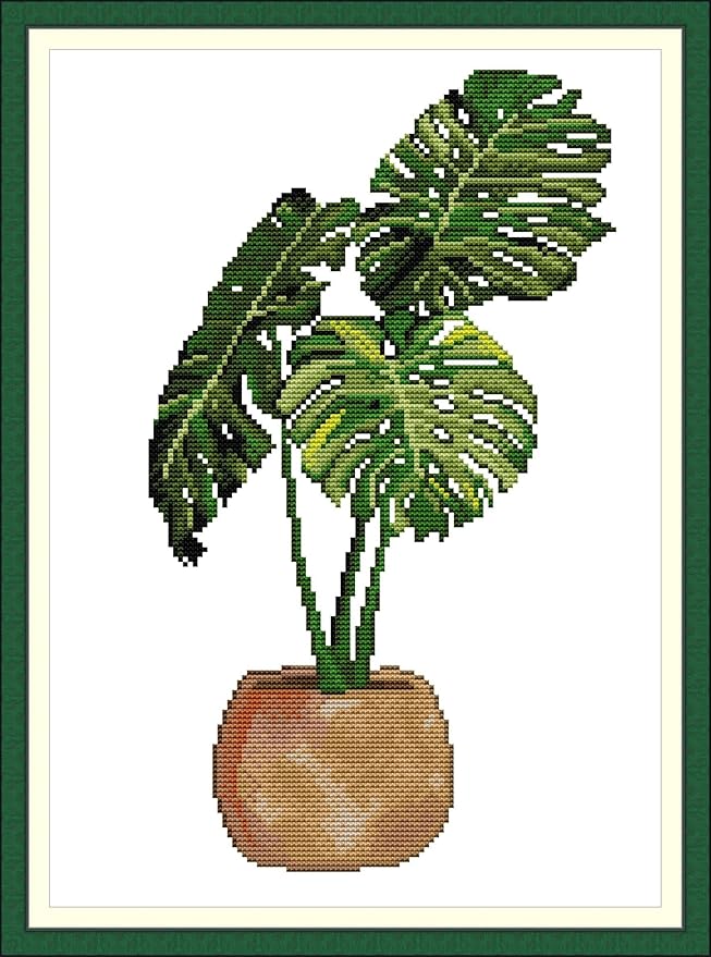 CaptainCrafts Cross Stitch Kits, New Counted Kit Unprinted 14CT Fabric Cross Stitching DIY Art DMC Needlecrafts Embroidery Kit for Adults Beginner (White, Monstera deliciosa)