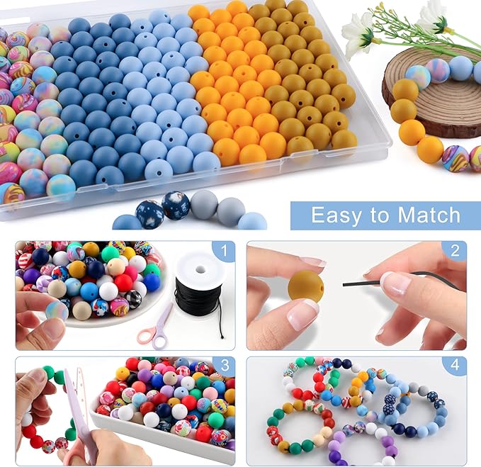 150Pcs Mixed Color 15mm Silicone Beads for Keychain Making, Blue Mustard Yellow Print Silicone Beads for Pens and Bracelet Jewelry Making