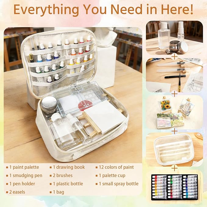 Mini Watercolor Palette Set,34Pcs Artist Watercolor Palette Travel Set with Colors,Wooden Paint Box,Brush,Holder,Oil Cup,Plastic Bottles Storage Bag for Beginners Artists Student(15 Grids)