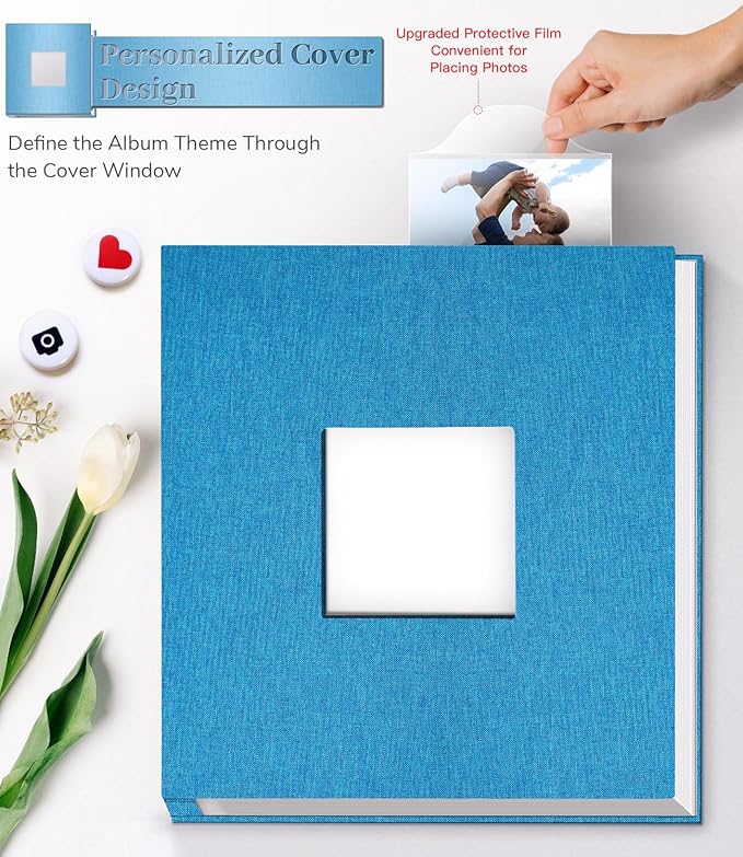 Photo Album Self Adhesive Scrapbook Album for 3x5 4x6 5x7 8x10 Pictures,40 Pages Linen Cover with Display Window DIY Photo Book,Ideal Gifts for Family Travel Wedding Baby