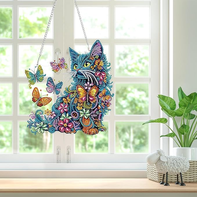 Bowetile Colorful Cat Diamond Art Hanging Kits for Adults, 5D Special Shape Diamond Painting Cats Window Pendant Kits, Animal Gem Art Suncatchers Ornament for Home Garden Wall Decor