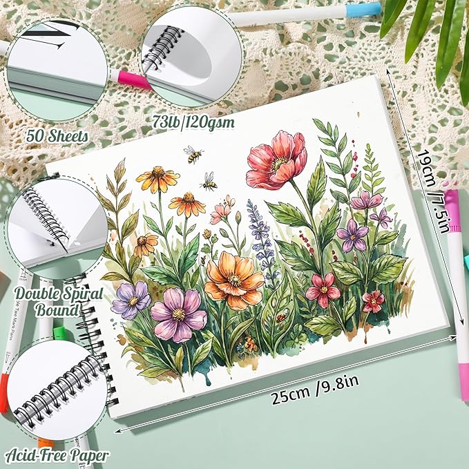 50 Sheets Marker Paper Pad, 7.5×9.8 Inch Bleedproof Art Sketch Pad, 73lb/120gsm Drawing Paper Spiral Sketch Book, Alcohol Marker Paper Painting Coloring Paper for Beginners, Artists, Gift