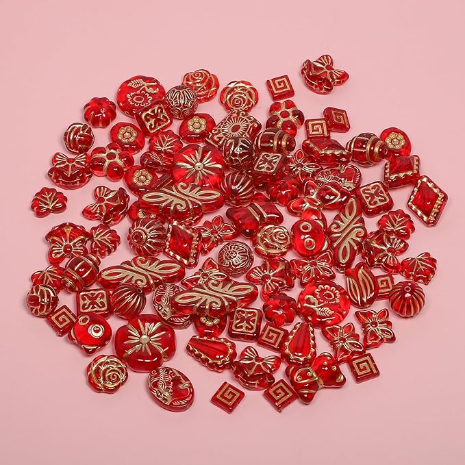 7.5 OZ Assorted Vintage Acrylic Beads for Jewelry Making, Song Xi Unique Flower Rose Czech Beads for Bracelet Earrings, Bohemia Style, Bulk, Arts and Crafts, DIY Holiday Gift (240-260 PCS, Red)
