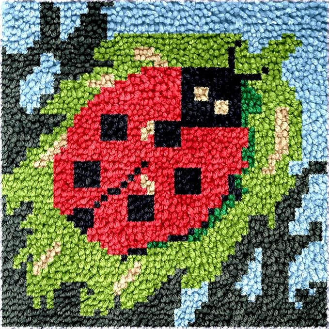 Numptain Latch Hook Kits for Adults,DIY Rug Crafts Ladybug Pattern Color Printed Canvas,Latch Hook Kits for Beginners Handmade Needlework Crafts Home Decoration,12"x12"