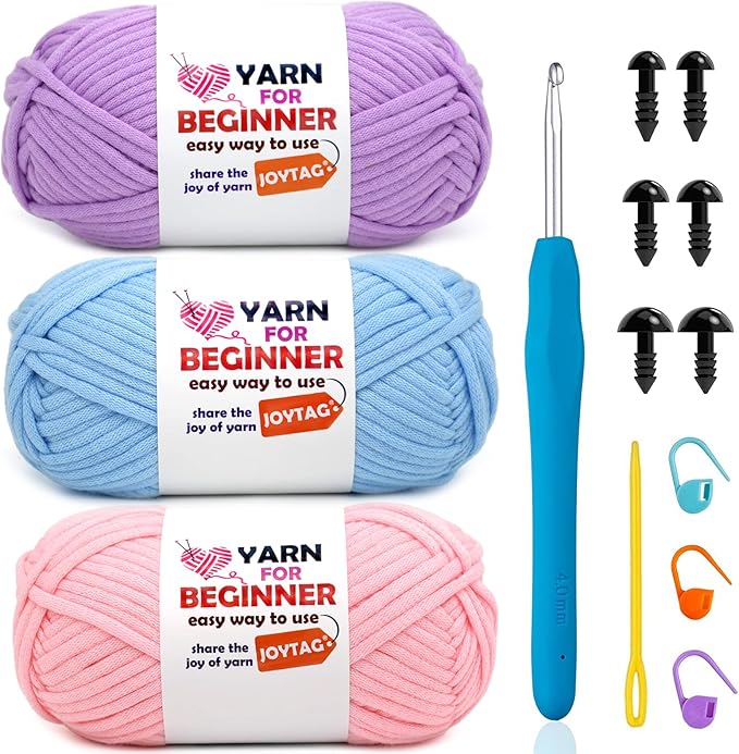 3 Pack Beginners Crochet Yarn Purple Blue Pink Cotton Crochet Yarn for Crocheting Knitting Beginners with Easy-to-See Stitches Cotton-Nylon Blend Crochet Yarn for Beginners Crochet Kit(3x50g)