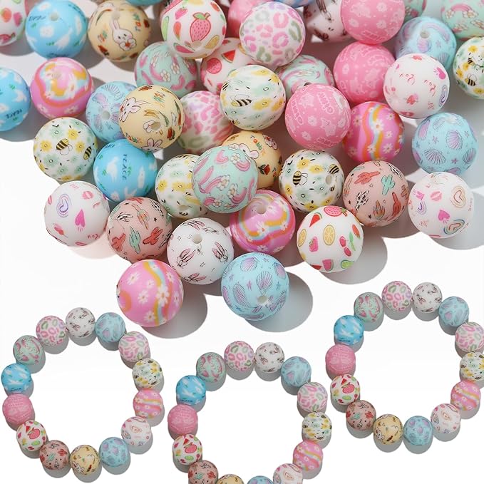 120pcs Richbunnys 15mm Bulk Silicone Beads for Pens and Keychain Making,Large Bead for Necklace and Bracelets Making,Assorted Rubber Beads Set(Print Cartoon)