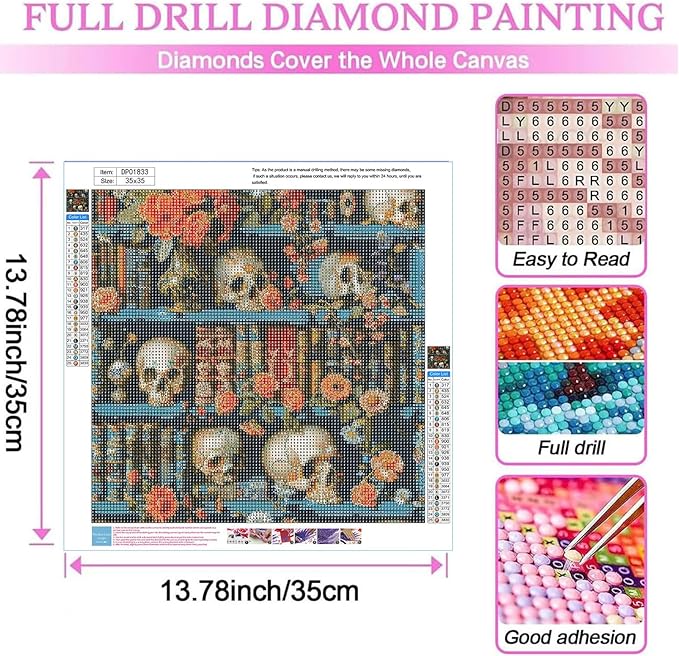 ARPADAMO Bookshelf Diamond Art Kits for Adults,5D Skull Diamond Painting DIY Diamond Art Diamond Painting Kits for Adult,Round Full Drill Diamonds, Diamond Art Kits for Home Decor-14x14inch